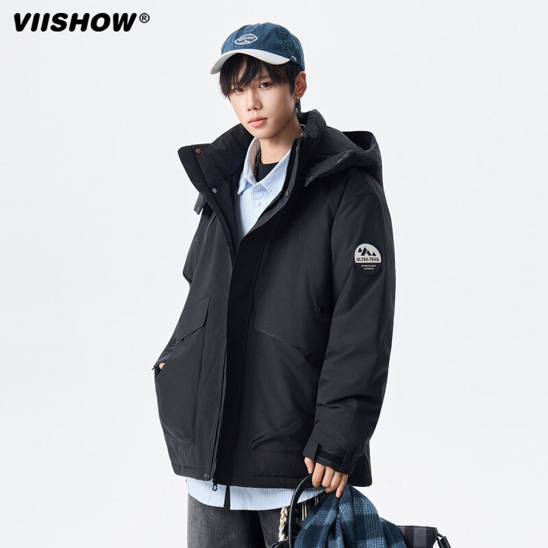 Viishow winter outdoor functional parka down jacket men and women trendy brand 90 velvet couple warm and cold-proof jacket black M
