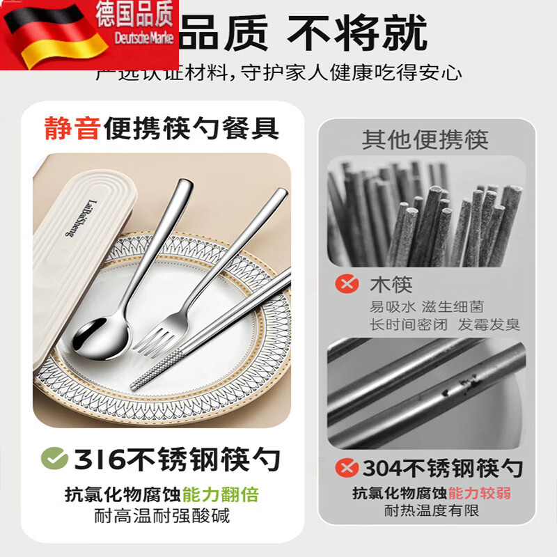 Tuojin 316 stainless steel portable tableware three-piece set for students, all-steel chopsticks and spoons, upgraded mildew-proof 316 steel beige storage box
