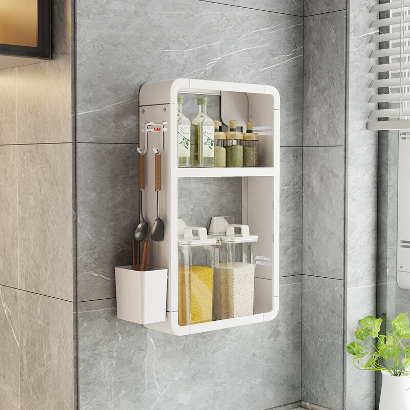 Kitchen storage rack spice rack wall hanging no punching wall multi-functional multi-layer household spice rack storage storage rack white order free storage box + hook * 4 4 layers bottom length 50 height 70