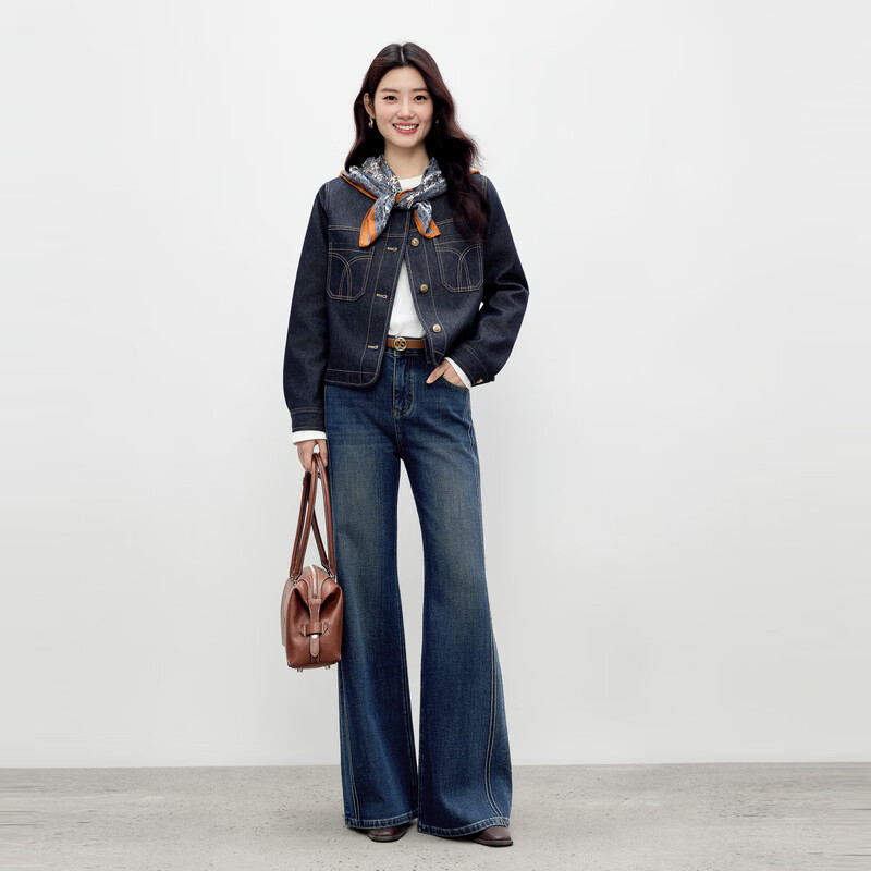 Qiushui Yiren Fashionable Removable Silk Scarf Top 2026 Spring New Retro Contrast Color Pressed Denim Jacket