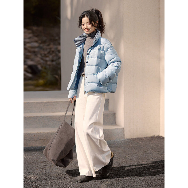 Mohan Yimei Duck Down Puff Down Jacket 2025 Winter New Style Stitching Contrast Color Drop Shoulder Puffy Stand Collar Down Jacket Women