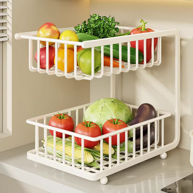 Wooden grid kitchen rack countertop vegetable rack drain basket vegetable storage rack vegetable basket storage rack multi-layer storage home classic model - white