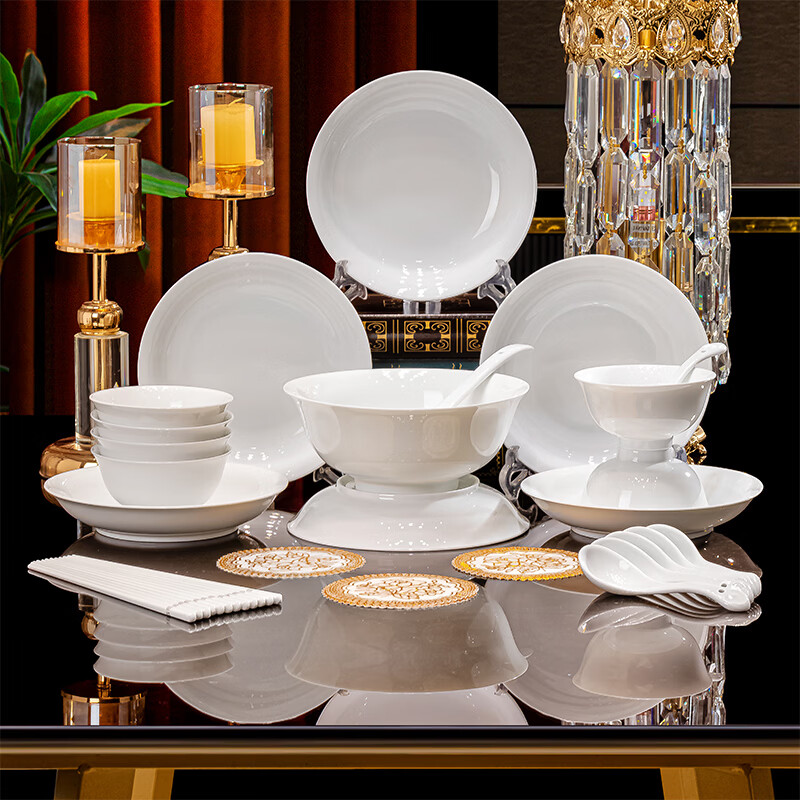 Tao Xianghui Jingdezhen high white porcelain tableware set underglaze color household 32-head pure white bowls, plates and spoons complete set of dishes as a housewarming gift