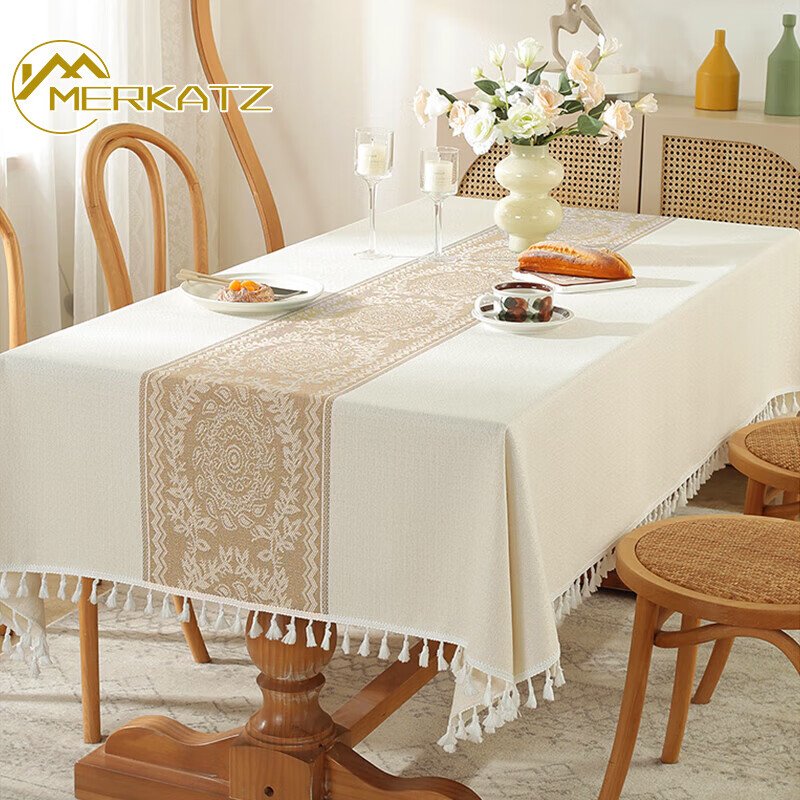 Melkatz embroidered light luxury thickened cotton and linen tablecloth no-wash waterproof simple tablecloth coffee table fabric rectangular table mat new style Baoxiang-Ka 100*160CM