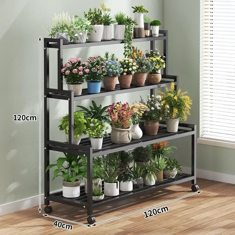 Flower rack storage rack multi-layer floor-standing living room balcony mobile flower rack indoor home wall thickened flower rack black thickened three layers 120cm wide