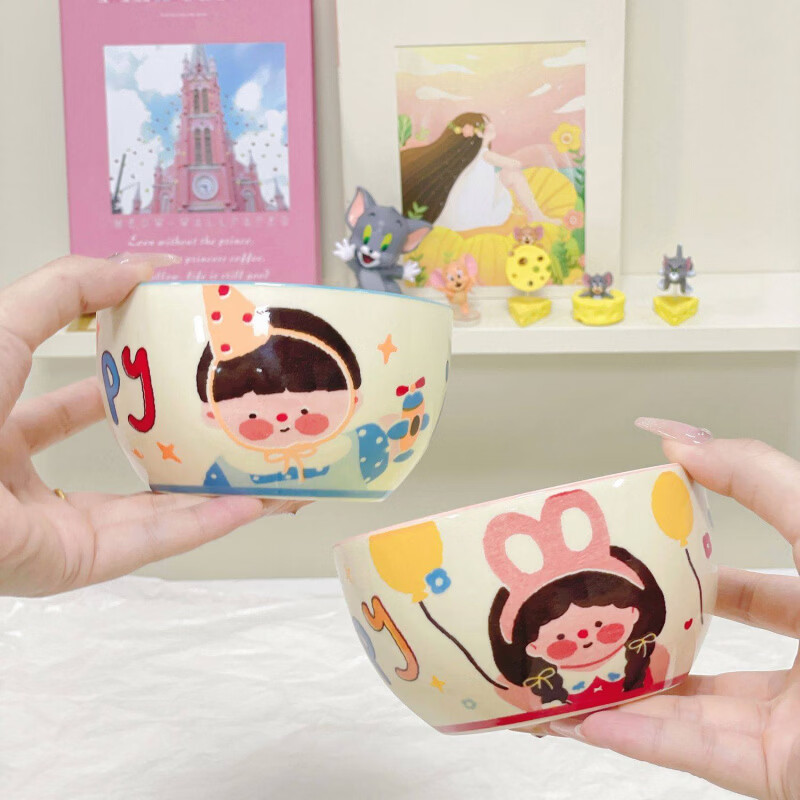 Tuojin family of three ceramic eating bowls, home cute children's bowls, parent-child tableware, personal special for four couples, beautiful 4.5-inch bowl + spoon, 4 mix and match gift boxes