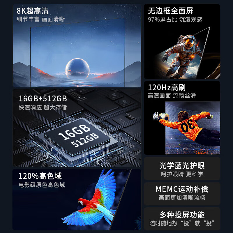 Super Color Ace Top 10 TVs Borderless 8K LCD Full Screen Ultra HD Blu-ray WiFi Remote Control Voice Mobile Phone Screen Living Room Home Eye Protection Smart Network 65-inch 2025 Borderless Full Screen TV Ultra-Thin Smart Network Version 8+128GB Door-to-Door Delivery