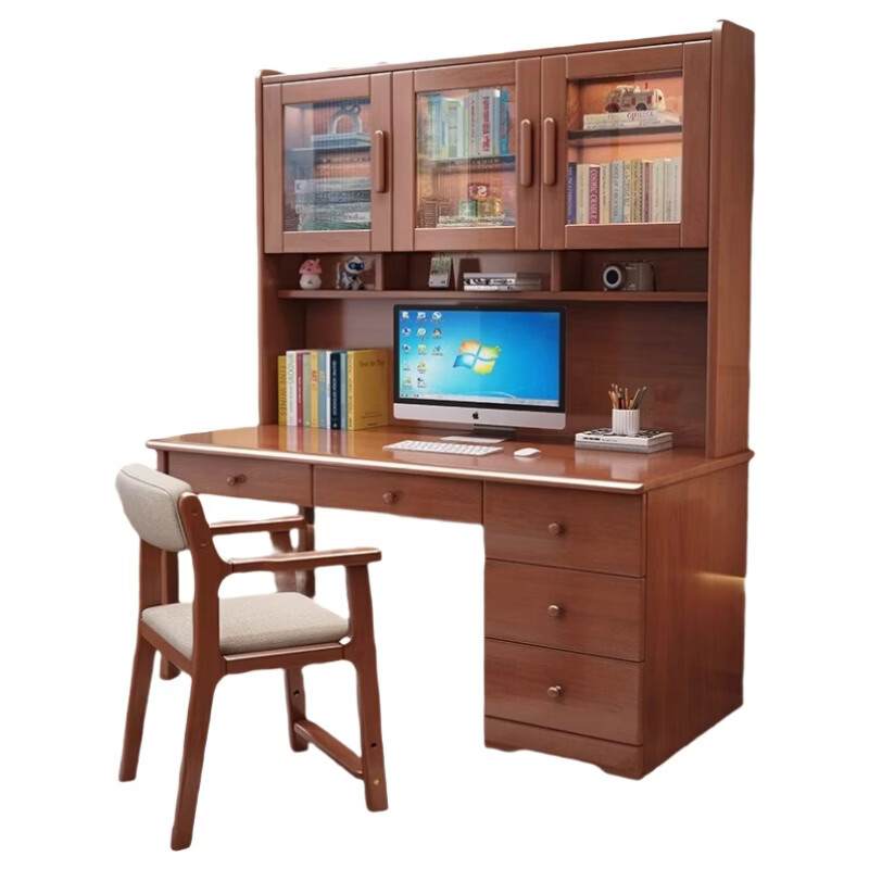Bamboo Sound Desk Solid Wood Computer Desk Bookshelf Bookcase Integrated Combination Study Table and Chair Bedroom Student Writing Desk Home Walnut Table + Armchair (Imported Rubber Wood) 140x60x186cm