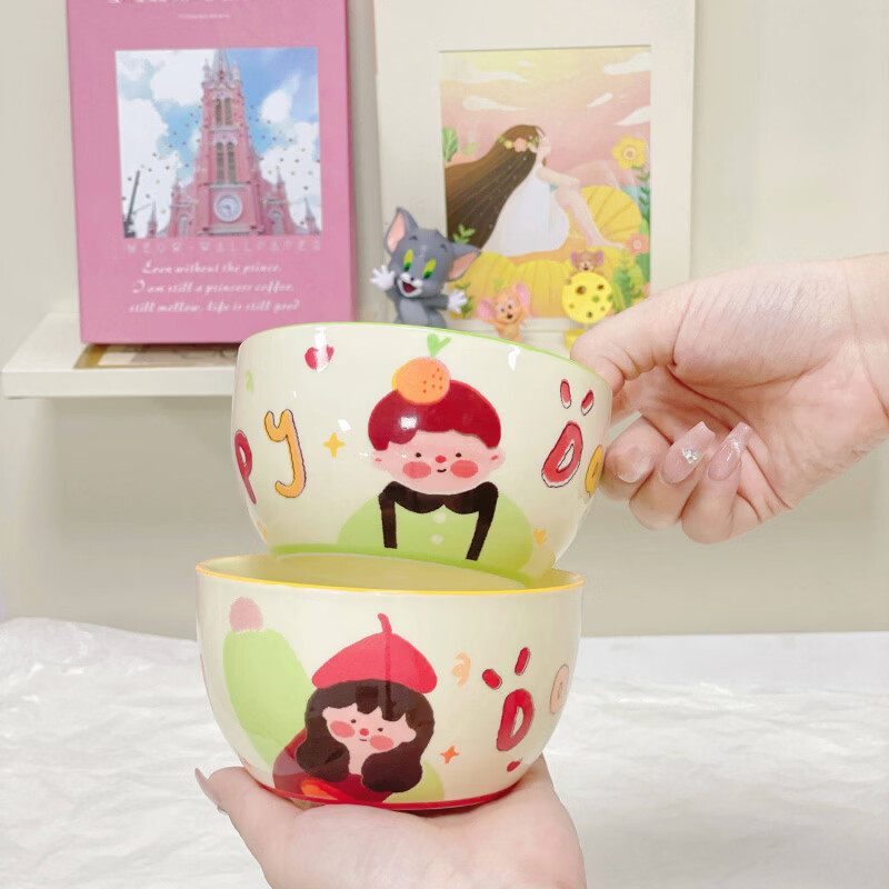 Tuojin family of three ceramic eating bowls, home cute children's bowls, parent-child tableware, personal special for four couples, beautiful 4.5-inch bowl + spoon, 4 mix and match gift boxes