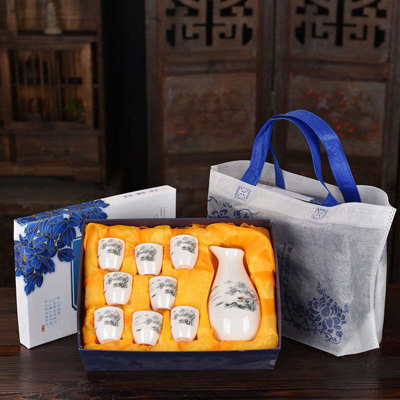 Lantianhong (LTOHO) Home Ceramic Chinese Wine Set Spirits Yellow Wine White Wine Cup Hot Warm Wine Kettle (1 Pot 8 Cups) Guilin Landscape Gift Box Packaging