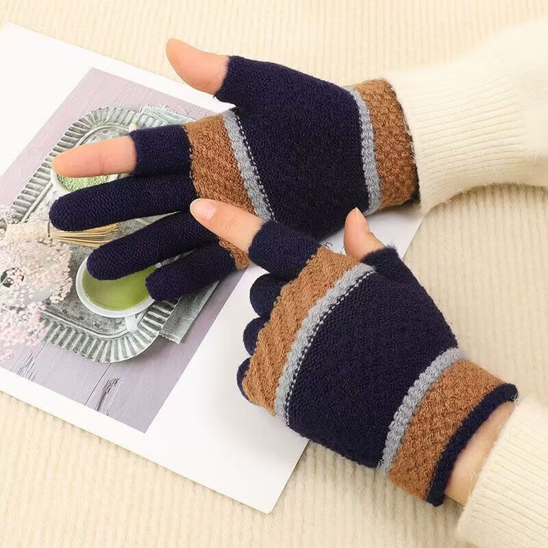Two-fingered autumn and winter men's and women's velvet finger-exposed writing gloves warm knitted split-finger gloves Thickened women's color matching random colors 1 pair