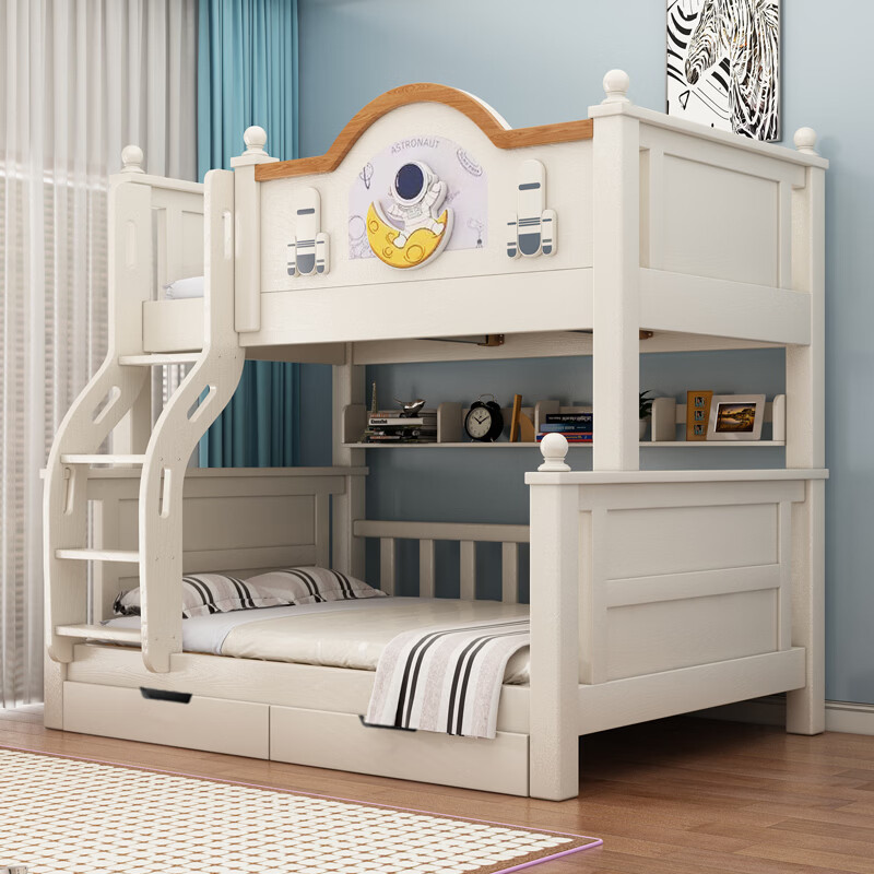 Solid wood thickened bunk bed, half-height bed, children's double bed, household multi-functional high and low bed dormitory bunk bed, cabinet ladder-double draw-5CM brown mat, upper bed width 120, lower bed width 150 (comes with bookshelf)