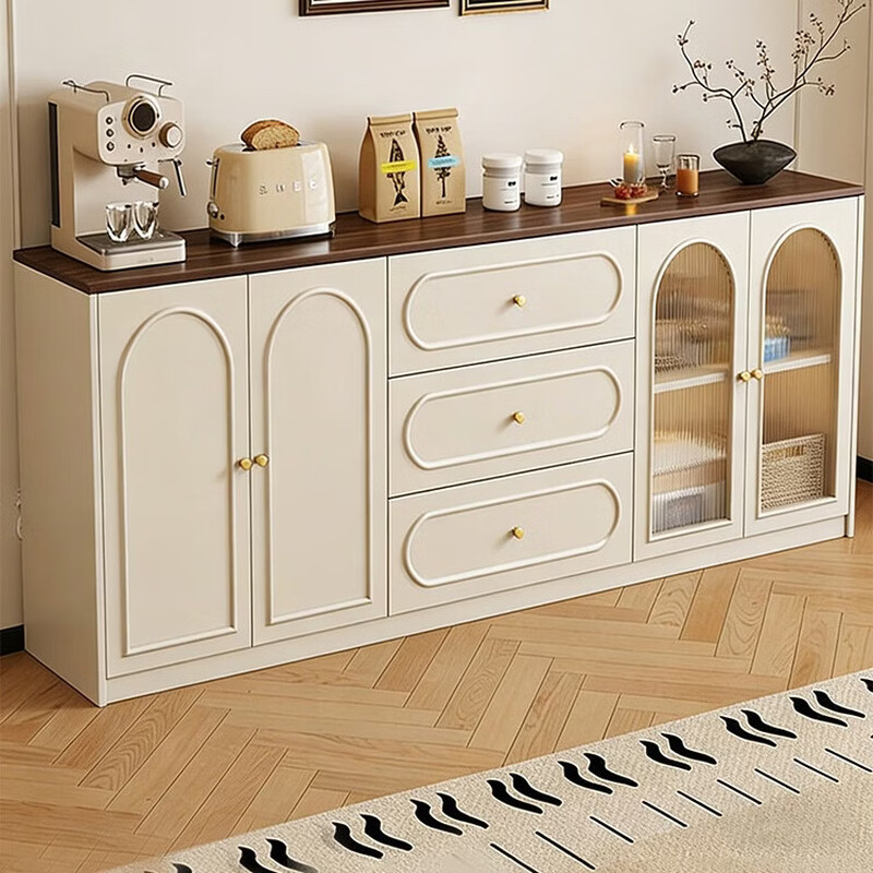 Fubao wood solid wood sideboard and side cabinet cream style living room integrated wall tea cabinet kitchen storage cabinet wine cabinet storage cabinet walnut color + glass door 120CM double door three drawers overall thickened solid wood