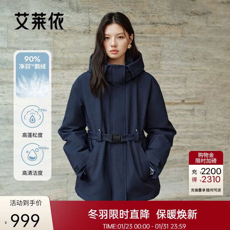 Ai Lai down jacket women's outdoor sports 90 goose down short retro hooded advanced slimming New Year jacket Eclipse blue L