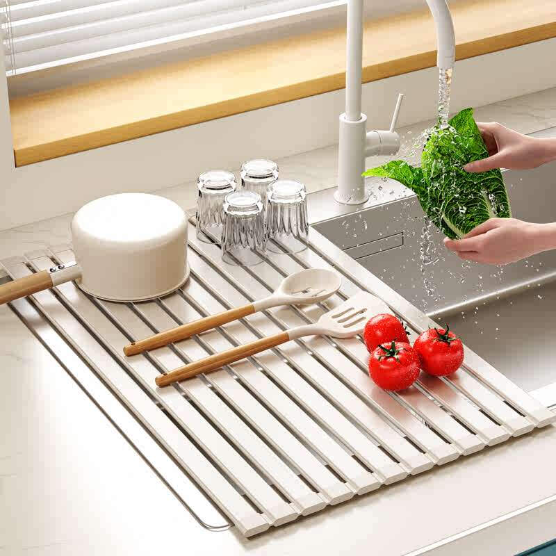 Yusenyi Kitchen Drain Rack Foldable Sink Side Chopstick Plate Tableware Storage Rack Fruit and Vegetable Silicone Mat Folding Storage Milk White + 6 Rods 55CM
