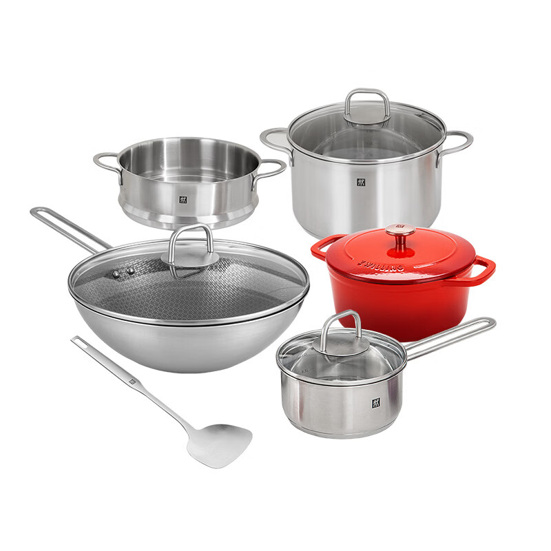ZWILLING pot set, wok, stainless steel soup pot, steamer, milk pot, enamel pot, soup spatula, household kitchen goodies, happy food carving pot set, 6-piece set