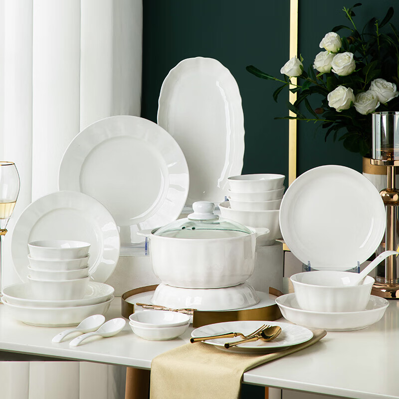 Yichen tableware complete set of underglaze colored bowls and dishes set for household pure white simple European style bowls and chopsticks bowls for housewarming gift bowls