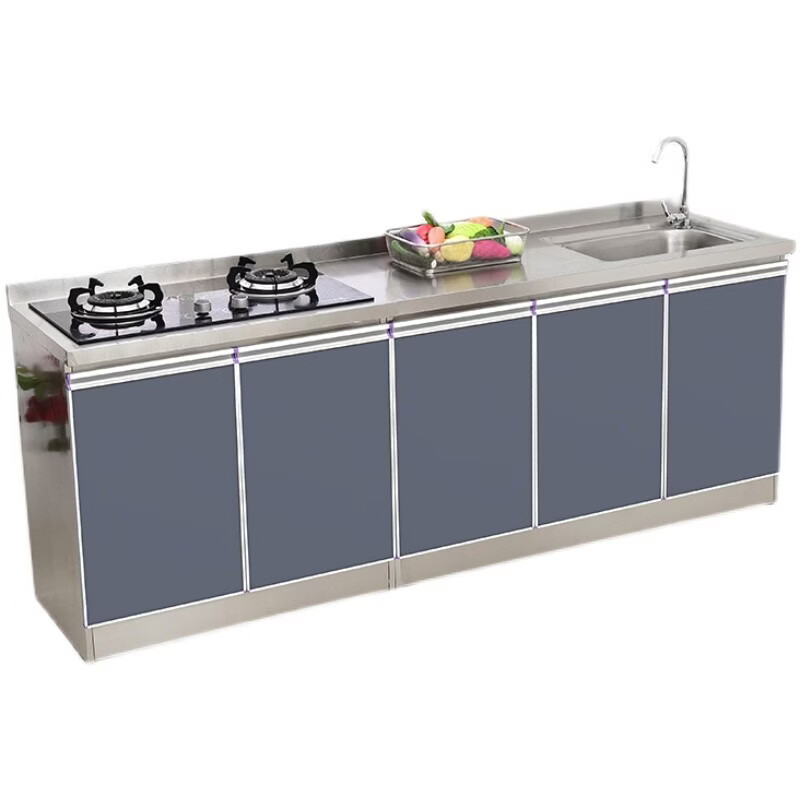 Zhong Zhanggui all-steel household simple stainless steel integrated cabinet r kitchen sink stove cabinet car integrated assembly economical 2 meters long left double-slot washbasin white curved cabinet door