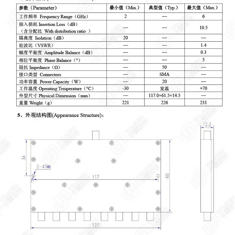 China-Hebei United TOJOIN SMA power splitter 1 point 4 2-6G 1 point 8/1 point 16 power splitter RF splitter combiner PS-8SM-2060 (1 point 8, 2-6G)