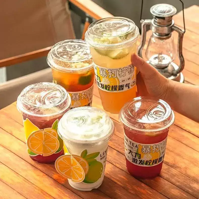 Miaopule Lemon Tea Cup Disposable Covered Milk Tea Cup for Street Fighting, Household Cup Set, Commercial Customized Cup (Five-piece Set) Red Rich - Cup - Flat Cover - Straw - Leak-proof Paper 50 Sets + 600ml