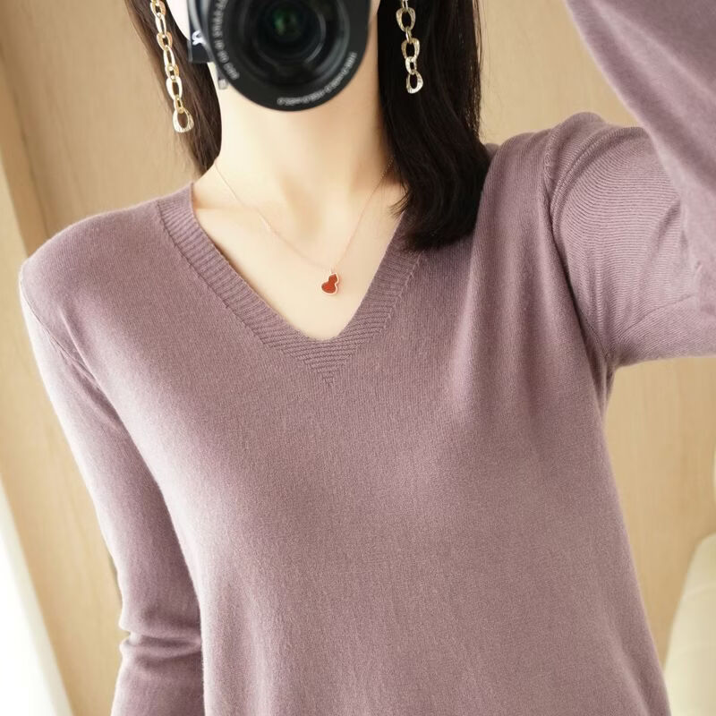 Playboy (PLAYBOY) 2026 new autumn and winter V-neck knitted sweater women's long-sleeved pullover bottoming shirt loose and simple inner wear slimming top official flagship haze blue L recommended 110-125 pounds