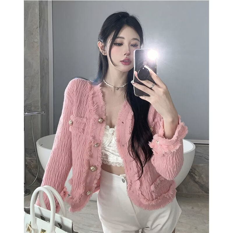 Playboy (PLAYBOY) spring and autumn beautiful sweater small fragrance white long-sleeved cardigan French outer top for women 2026 new early spring official flagship pink S