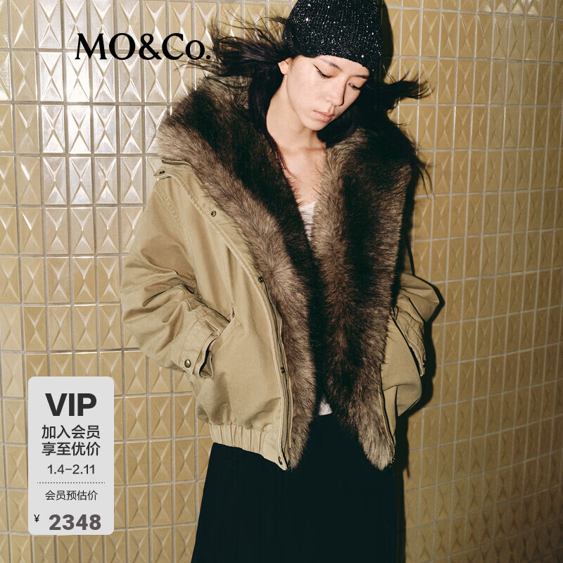 MO&Co. Jacket Filled 2025 Winter New Product Detachable Fur Collar Assute Dyed Khaki Harrington Jacket MBE4COT020 Khaki S /160