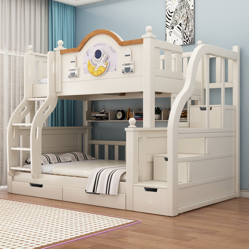 Solid wood thickened bunk bed, half-height bed, children's double bed, household multi-functional high and low bed dormitory bunk bed, cabinet ladder-double draw-5CM brown mat, upper bed width 120, lower bed width 150 (comes with bookshelf)