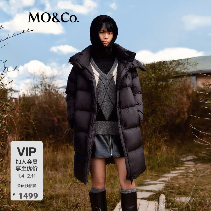 MO&Co. Down Jacket 90 velvet fluorine-free waterproof surface layer detachable hood head and neck integrated protection mid-length high fluffy light outdoor black S /160