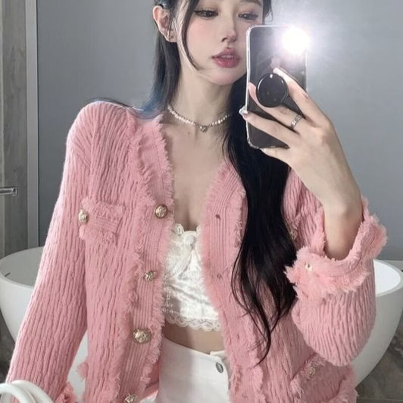 Playboy (PLAYBOY) spring and autumn beautiful sweater small fragrance white long-sleeved cardigan French outer top for women 2026 new early spring official flagship pink S