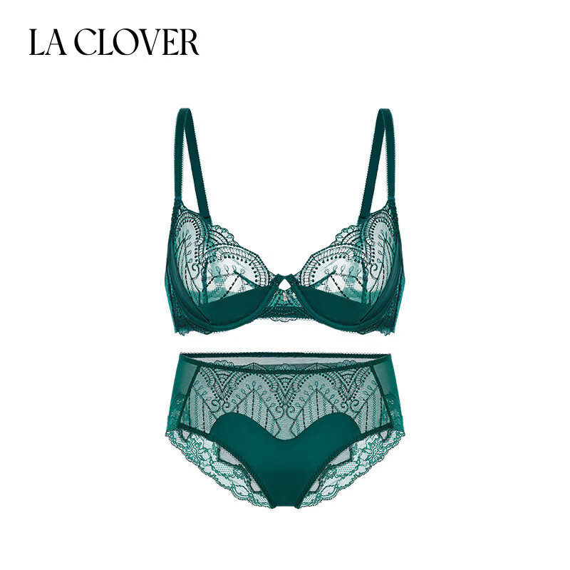 LA CLOVER22SS Wonderland Underwear Women's Sexy Embroidered Stripe Bra and Panties Set LC2023109 Dark Green-Clear Embroidered Thin Cup Bra Set 80C 160