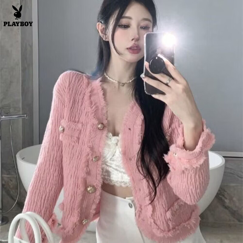 Playboy (PLAYBOY) spring and autumn beautiful sweater small fragrance white long-sleeved cardigan French outer top for women 2026 new early spring official flagship pink S