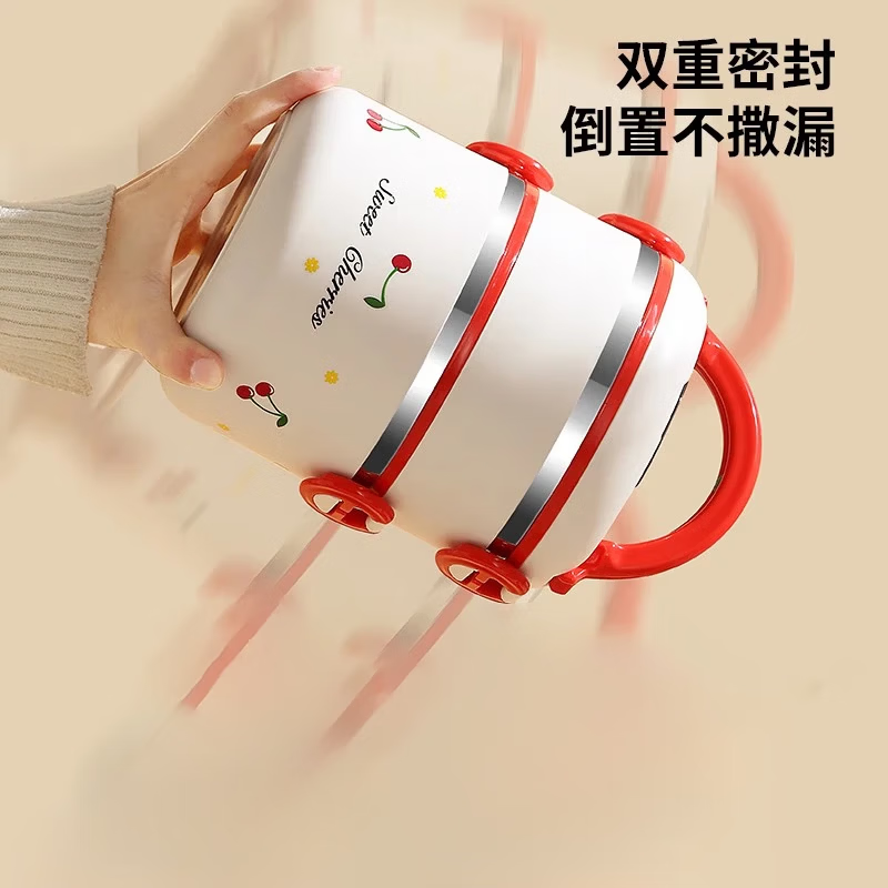 Cherry lunch box with lid office workers insulated sealed lunch box stainless steel lunch box large capacity student girl lunch box cherry white 2 layers 1150ml