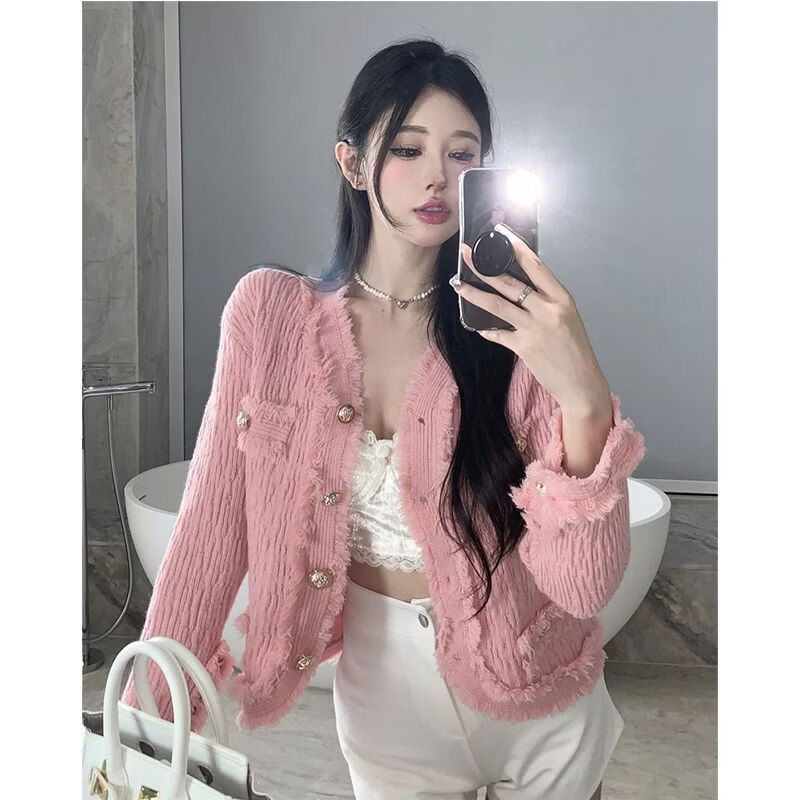 Playboy (PLAYBOY) spring and autumn beautiful sweater small fragrance white long-sleeved cardigan French outer top for women 2026 new early spring official flagship pink S