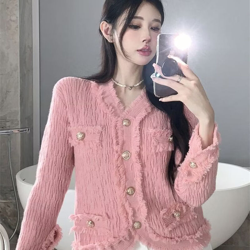 Playboy (PLAYBOY) spring and autumn beautiful sweater small fragrance white long-sleeved cardigan French outer top for women 2026 new early spring official flagship pink S