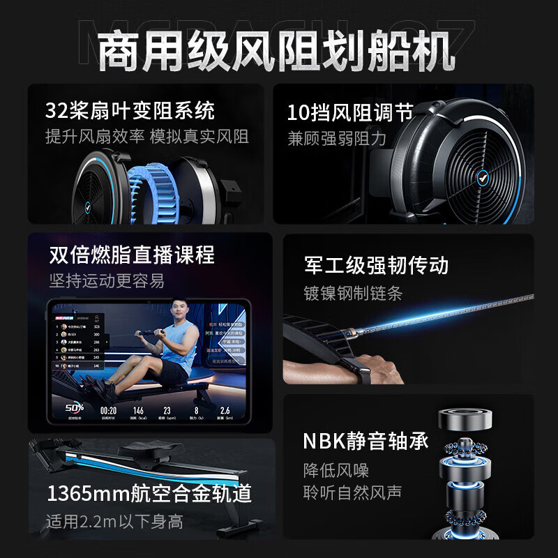 MERACH super fat-burning smart rowing machine for home and commercial use with wind resistance black