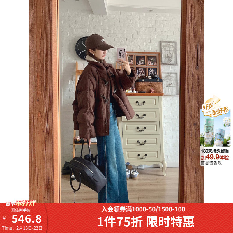 Inman 2025 winter women's new style lamb fur collar horn button thick down jacket warm short bread jacket dark brown XL 168-172cm/131-140 catties