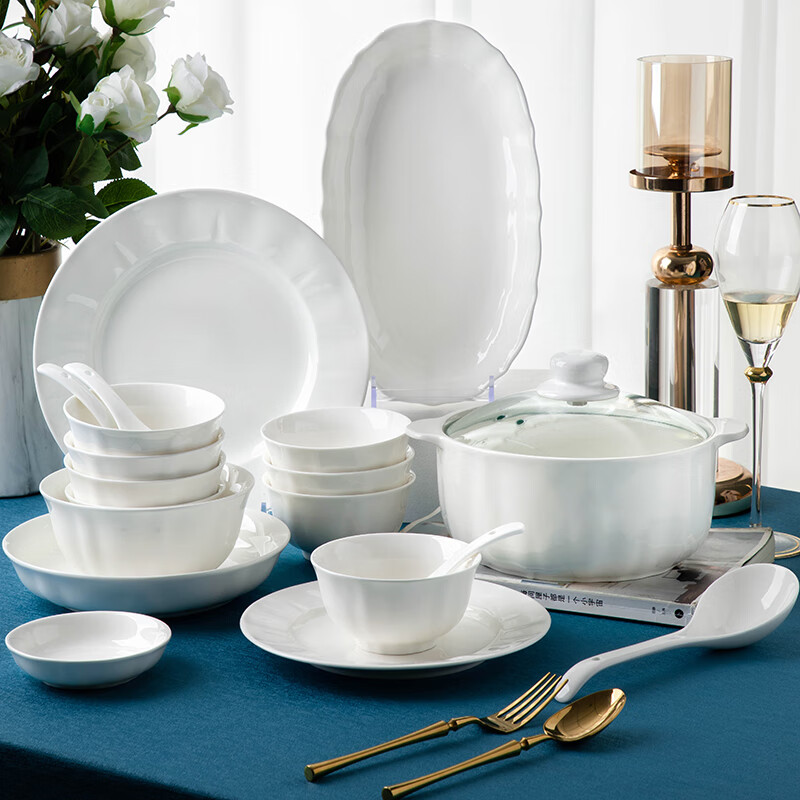 Yichen tableware complete set of underglaze colored bowls and dishes set for household pure white simple European style bowls and chopsticks bowls for housewarming gift bowls