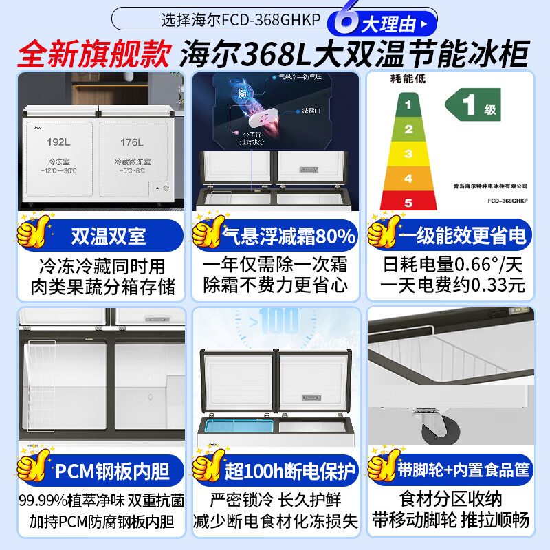 Haier dual-temperature freezer household new first-class energy-efficiency dual-temperature double box can freeze and refrigerate at the same time. Commercial large-capacity double-door freezer can be used for refrigeration and fresh-keeping without defrosting. 368 liters new first-class double-door + steel plate liner + triple antibacterial 368L