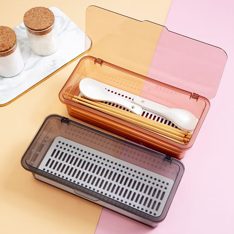 Transparent chopstick storage box kitchen household drain with lid chopstick tube tableware spoon chopstick cage storage rack gray 2 pieces