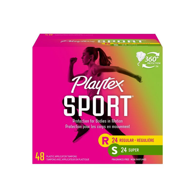 Playtex sports series long tube tampons with flow rate, no sensation during menstruation, no burden when traveling and entering the water, mixed pack of 48 pieces (regular 24 + high flow 24)