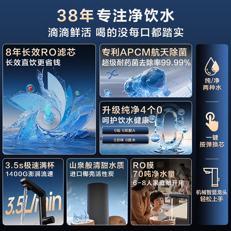 Angel price guarantee 618 Nezha high-speed water purifier 1400G household water purifier 8 long-term RO membrane reverse osmosis kitchen water purifier J3780-ROC186