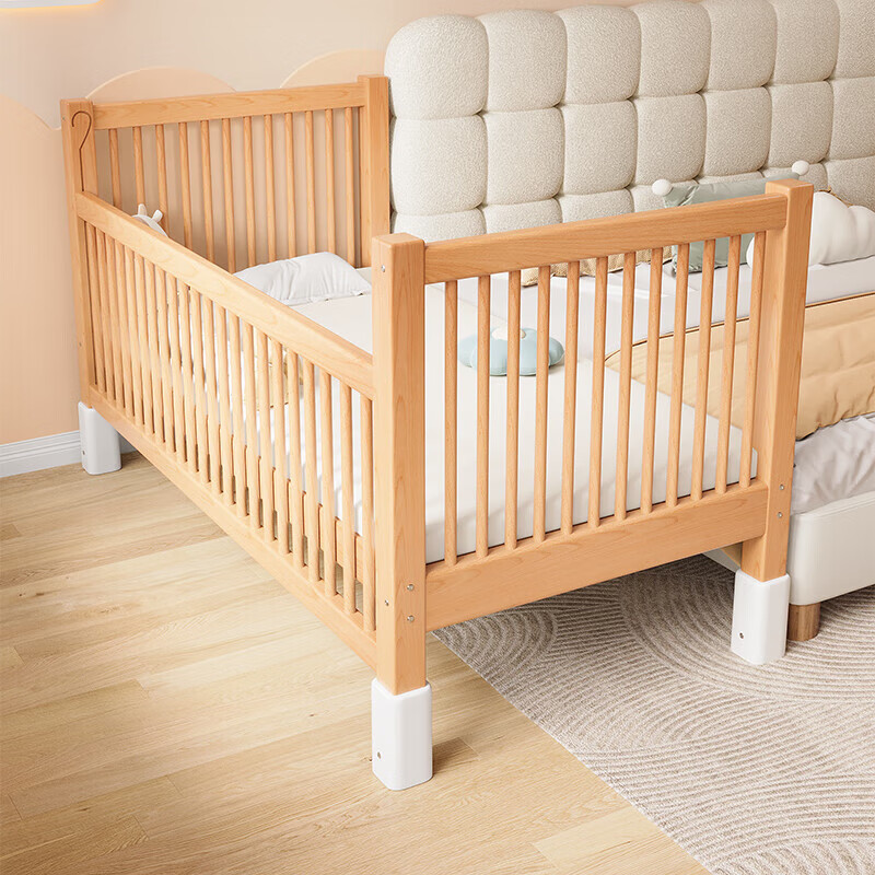 Qiuying liftable beech wood spliced bed solid wood children's bed crib widened spliced large bed child bedside bed spliced bed three guardrails + 5cm coconut palm mattress (height adjustable) liftable length 200 width 60 height 35 60 guardrails