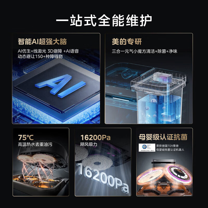 Midea Lingmo sweeping robot, all-in-one sweeping and mopping fully automatic cleaning V15pro flexible machine, bionic arm/active cutting and anti-tangle/16kPa suction, charcoal gray water tank version