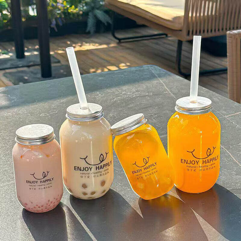Qidian homemade drink cup drink cup disposable fruit tea cup with lid for stall bubble Duoduo special cup bottle 500ml round fat hole + straw + delicious transparent sticker 40 sets