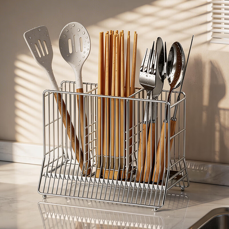 Jimi 304 stainless steel chopstick barrel kitchen chopstick storage box countertop household drain rack chopstick cage 304 stainless steel chopstick holder