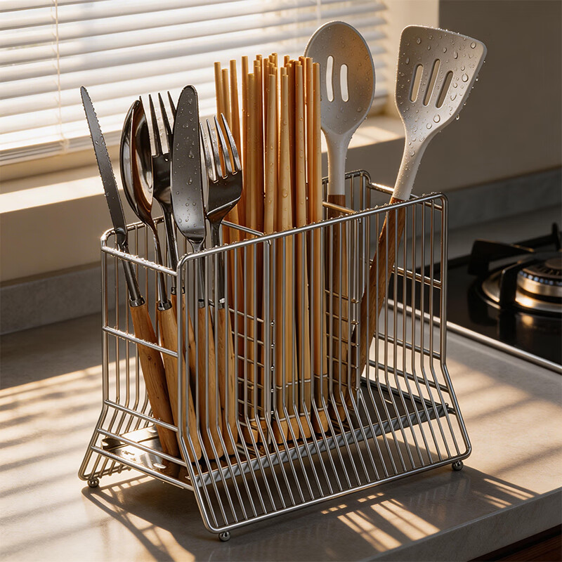 Jimi 304 stainless steel chopstick barrel kitchen chopstick storage box countertop household drain rack chopstick cage 304 stainless steel chopstick holder