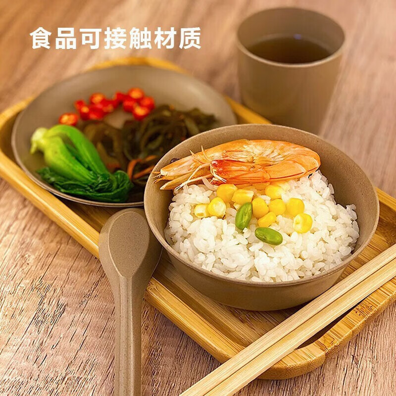 Shenfu rice husk disposable tableware set, biodegradable four-piece set of bowls, chopsticks, cups and spoons, household thickened lunch box, rice husk five-piece set of 50 sets (bowls, cups, saucers, spoons and chopsticks) individually packed
