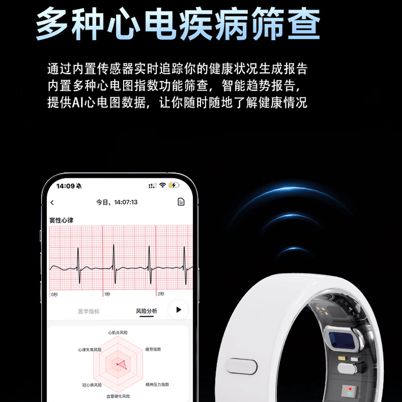 Case Smart Ring, ECG, Dynamic Blood Glucose, Blood Lipid, Uric Acid, Healthy Sleep Analysis Ring, Waterproof Exercise Heart Rate Oxygen Exercise, Huawei Mobile Phone Applicable AI Ring, Top ECG-Ceramic Black, Blood Sugar, Uric Acid, Blood Pressure Trend, Size 10 (Diameter 20, Finger Circumference 63) Weight 140-155 Jin