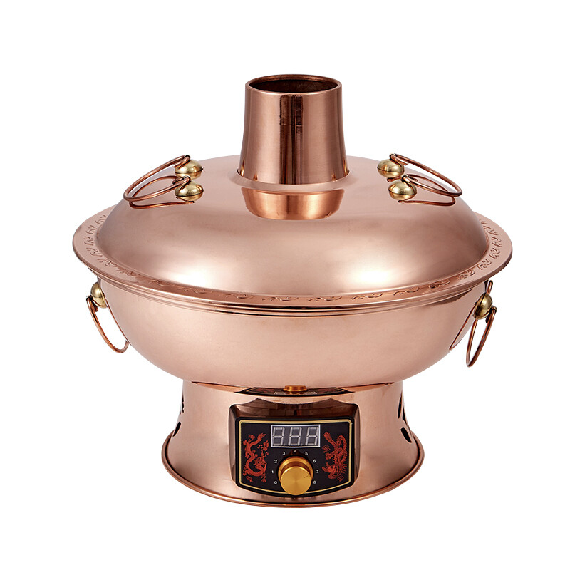 Longshun Copper Art Copper Hot Pot Plug-in Copper Charcoal Copper Hot Pot Charcoal Stove Plug-in Copper Pot Old Beijing Lamb Shabu Pot Yuanyang 6-8 people flagship model 34cm